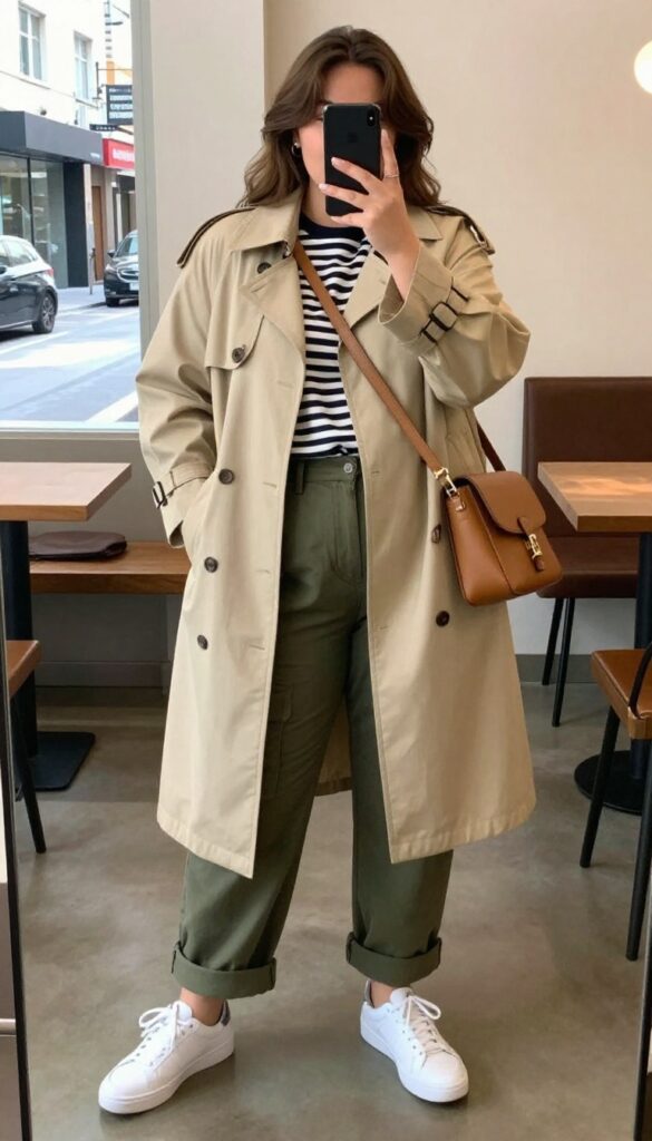 Model wearing beige trench coat, striped tee, and cargo pants with white sneakers and crossbody bag.