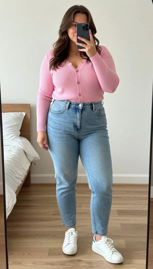A woman in a blush cardigan and light wash jeans, accessorized with silver jewelry, standing in a casual daytime setting.