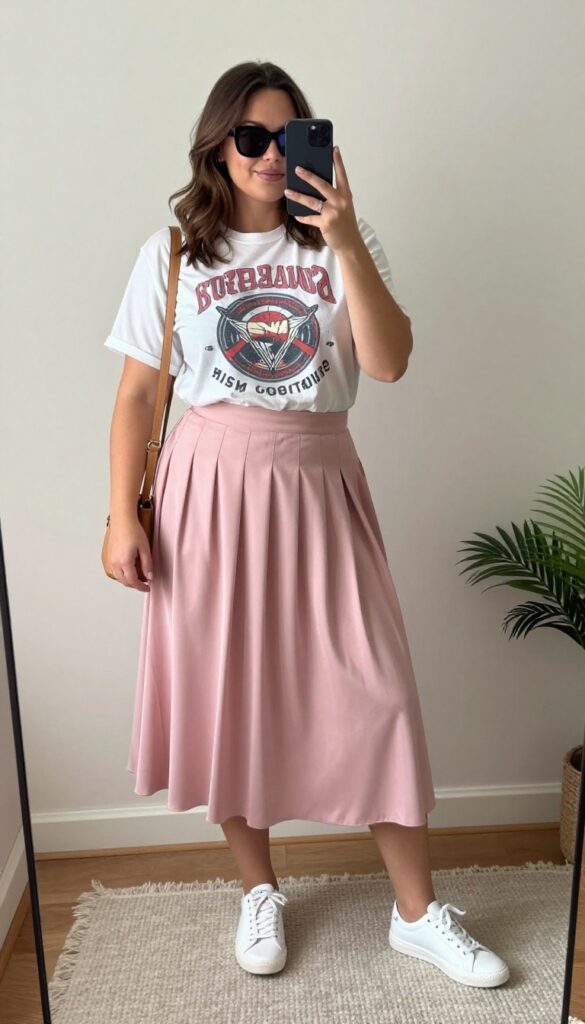 Plus-size woman in a pink pleated midi skirt and white graphic tee, taking a mirror selfie with a crossbody bag and sneakers, casual outfit inspiration.