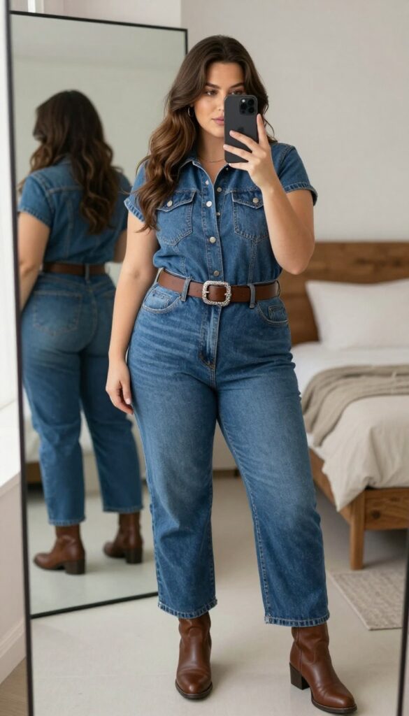 Plus-size woman in a denim western jumpsuit with cowboy boots, taking a mirror selfie in a bright room.