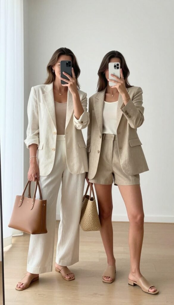 Two women in matching beige and cream linen outfits pose for a mirror selfie in a bright, minimalist room.