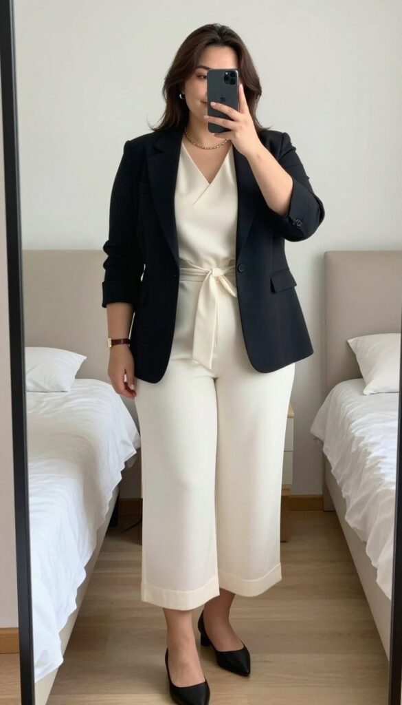 Model in ivory wide-leg jumpsuit and black blazer, minimal gold jewelry, pointed flats, mirror selfie