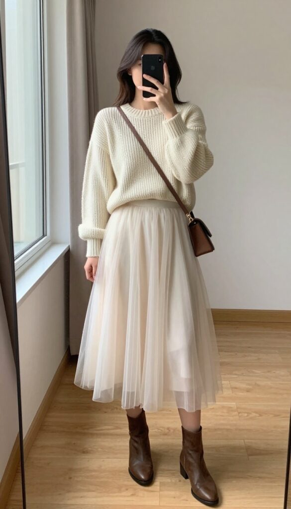Woman in cream knit sweater and ivory tulle skirt with brown boots and crossbody bag in indoor setting
