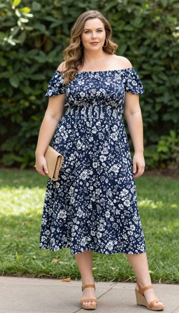Plus-size woman in floral off-shoulder midi dress and wedge sandals, standing in a sunny garden, holding a woven clutch, smiling.