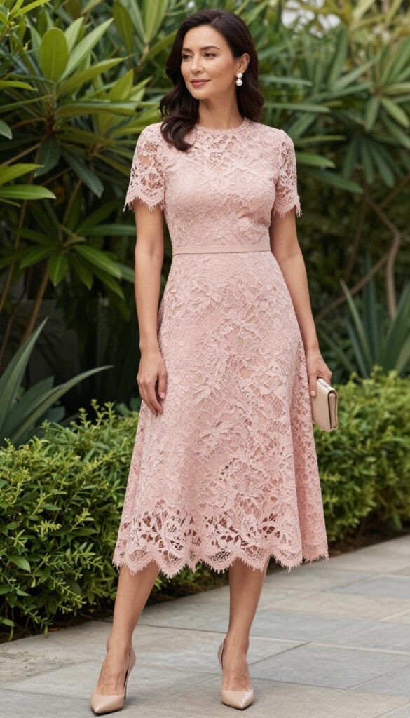 Woman in blush pink lace A-line dress with high neckline and illusion sleeves, standing in a sunlit garden, wearing nude heels and pearl earrings, holding a clutch.