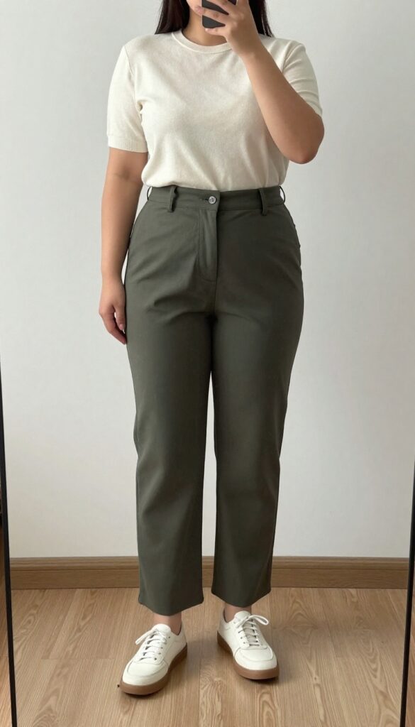 A woman in tailored trousers and a fine-knit crewneck takes a mirror selfie in a bedroom, partially hiding her face with her phone.