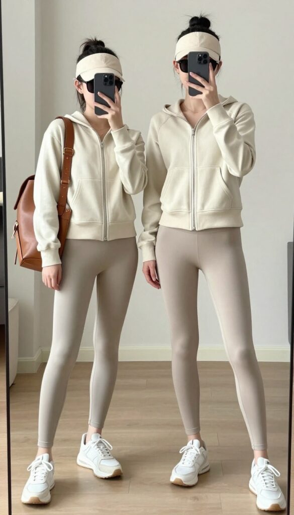 Mother and daughter in matching athleisure sets taking a mirror selfie, wearing hoodies, leggings, sneakers, caps, and sunglasses in a bright modern room.
