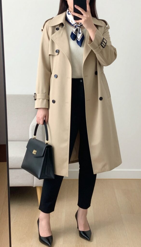 Woman in beige trench coat, cream knit top, black cigarette pants, holding a bold handbag, standing in an office setting.