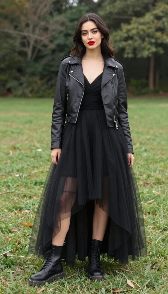 Black high-low gothic wedding dress with petticoat, leather jacket, combat boots, and red lip in a grassy outdoor setting.