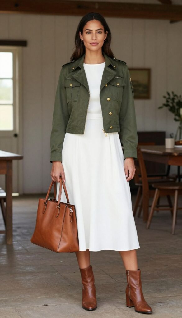Woman in white A-line gown with olive military jacket, gold buttons, epaulets, heeled brown booties, tan structured bag, standing in rustic barn doorway
