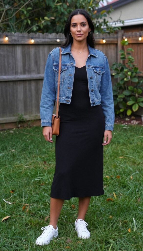 Woman in black slip dress with cropped denim jacket, white sneakers, and tan crossbody bag at outdoor wedding