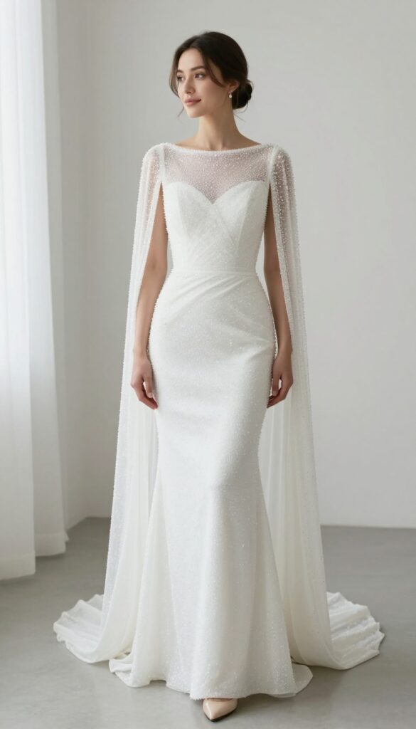 Woman in crystal column wedding dress with cape sleeve, nude heels, low bun, bright room