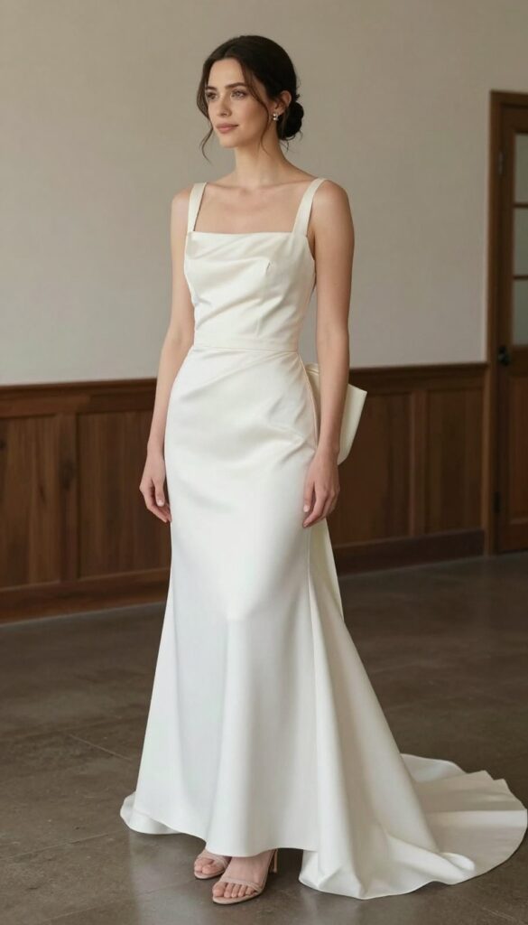 Woman in sleek satin mermaid wedding dress with prominent back bow, standing in softly lit ceremony venue