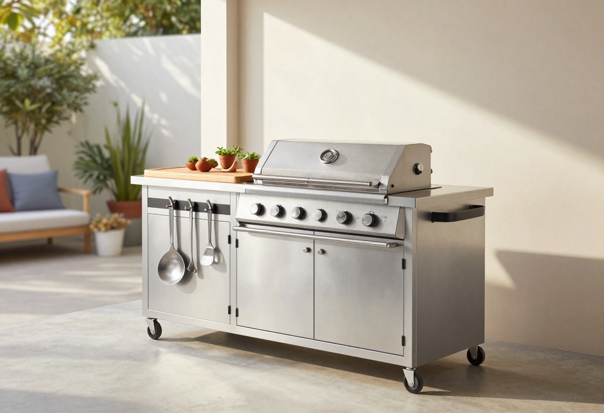 Stylish outdoor kitchen setup with grill cart, prep counter, and seating area under a pergola