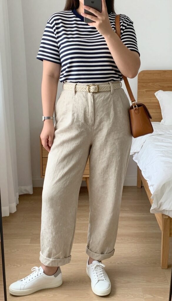 Woman in linen trousers, striped tee, and white sneakers, standing in a bright office setting.