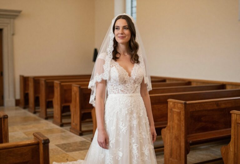 Bride in Kyha lace wedding dress with cathedral veil in polished chapel