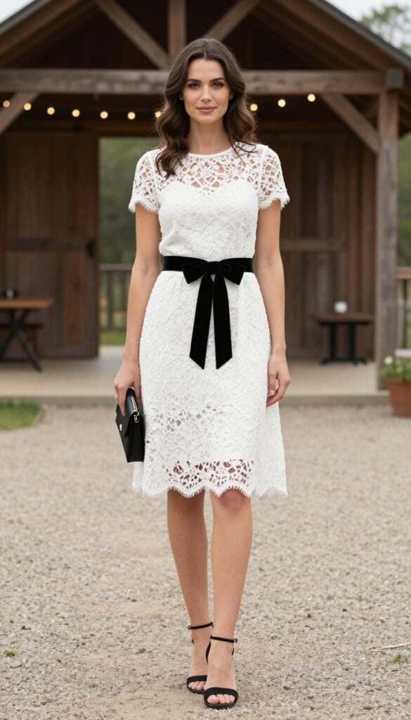 Woman in white lace dress with black velvet bow at waist, standing outdoors at rustic country wedding venue with barn and string lights.