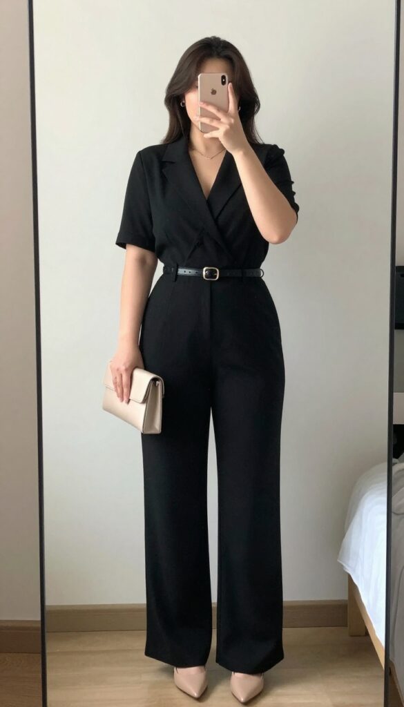 A woman in a black jumpsuit with a statement belt, nude heels, and a clutch, posing in a mirror selfie.