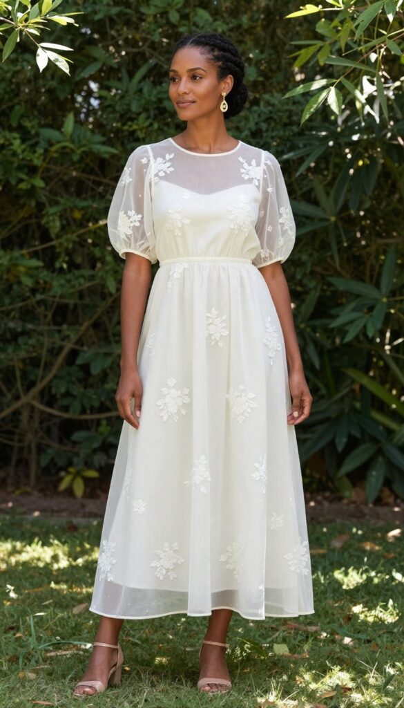 Black woman in a sheer bishop sleeve maxi dress with floral appliqués, braided updo, gold earrings, standing in a garden.