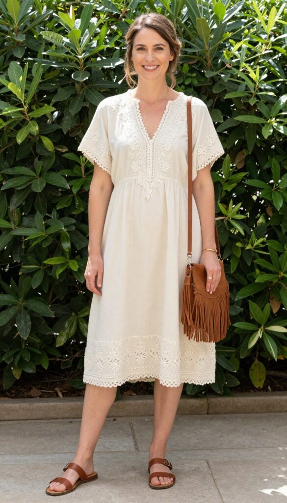 Woman in cream embroidered shift dress with floral motifs, flat leather sandals, and fringe bag in garden