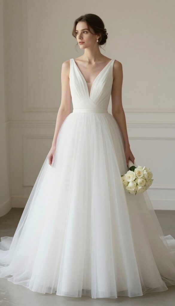 Woman in white deep V-neck ballgown standing in neutral ballroom with soft natural light, simple updo and minimal jewelry