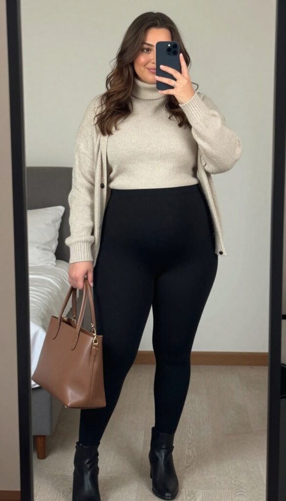 Pregnant woman in oversized cardigan and turtleneck with ponte leggings and ankle boots, mirror selfie