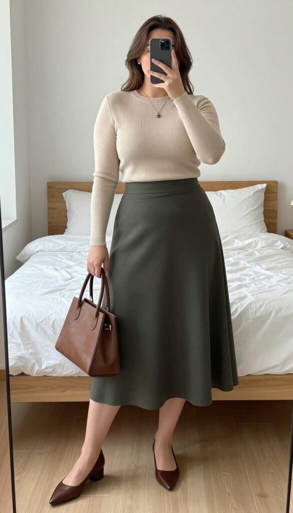 A woman in a blush knit top tucked into a charcoal A-line midi skirt, with a pendant necklace and pointed flats, standing in a bright office setting.
