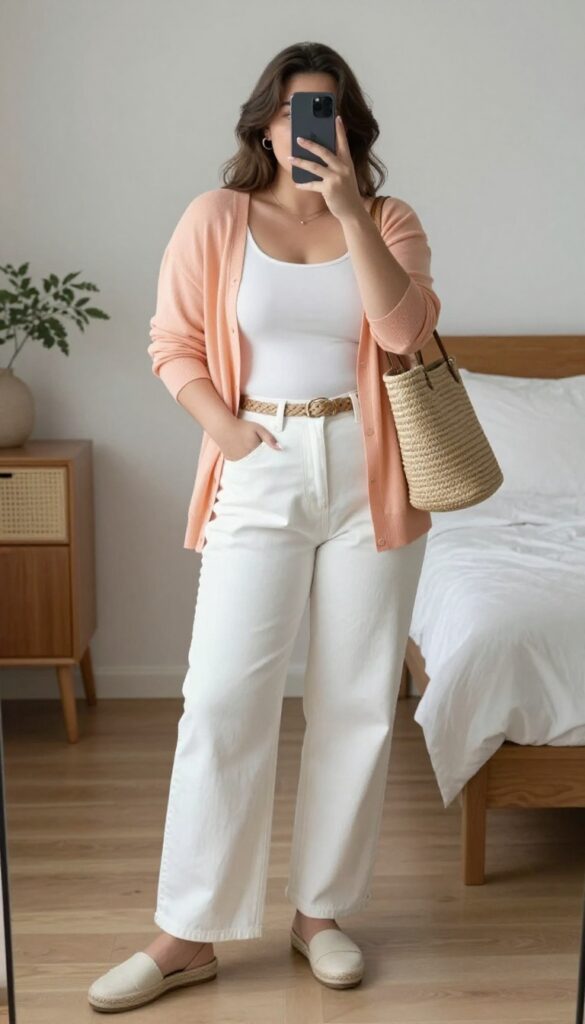 Woman in peach cardigan, white cami, white jeans, and espadrilles, taking a mirror selfie in bedroom.