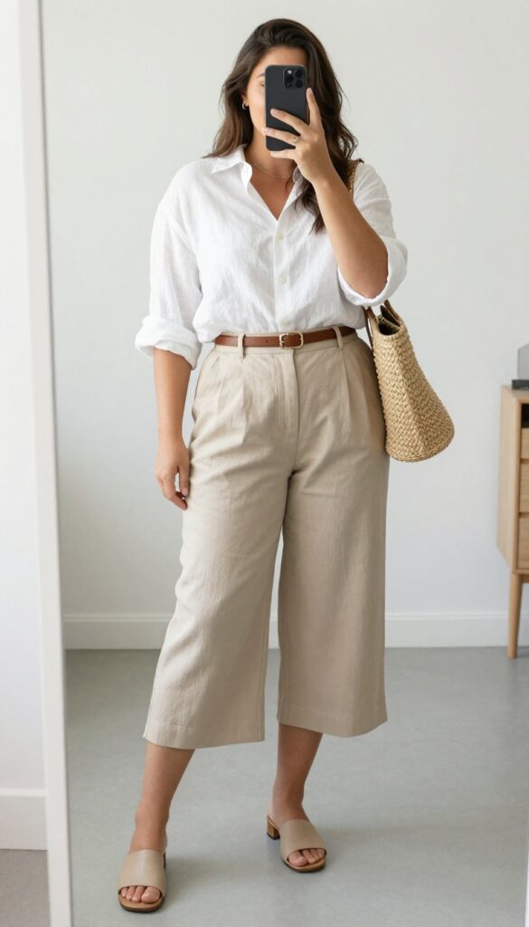 Woman in oversized white linen button-down tucked into beige wide-leg culottes, with slide sandals and woven bag, standing in a bright office setting.