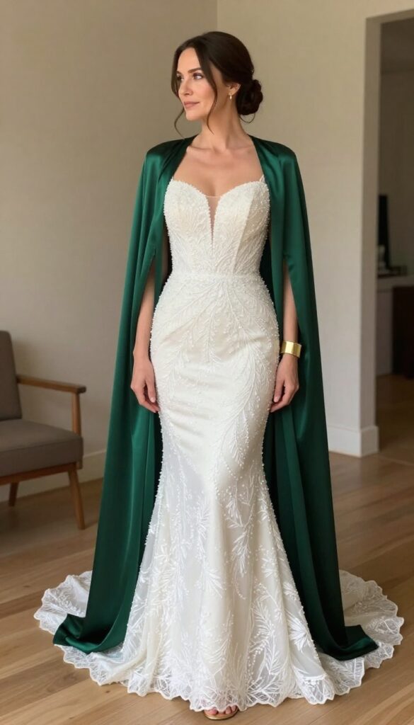 Woman in ivory mermaid gown with emerald green cape, gold sandals, and cuff bracelet at evening wedding venue.