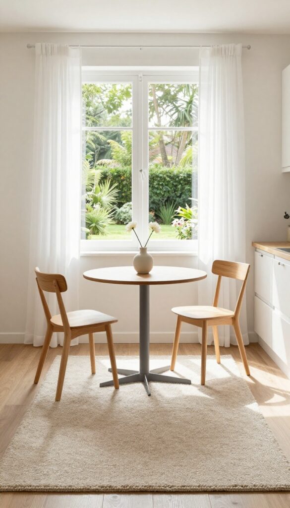 Cozy kitchen bistro table by sunlit window with two chairs, fresh flower, and soft rug.