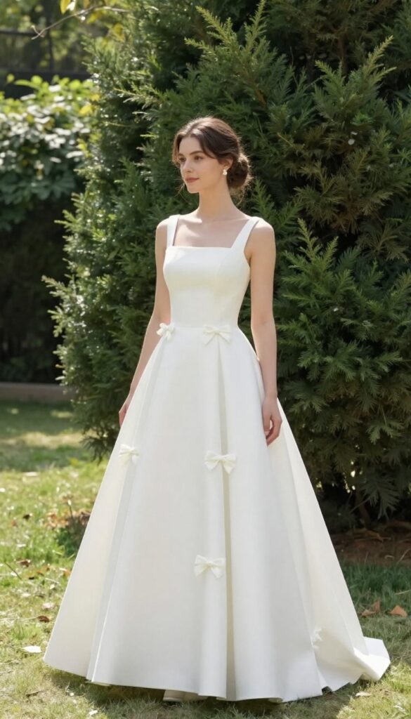 Bride in white ball gown with bow-adorned bodice in garden