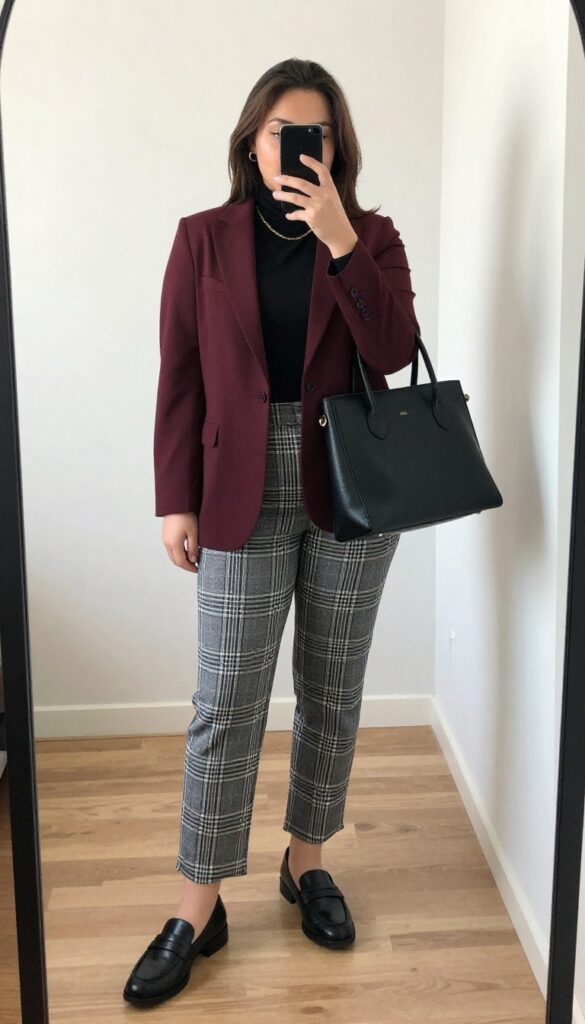 A realistic adult woman with natural body proportions wearing a burgundy blazer over a black turtleneck, paired with plaid trousers, black loafers, and a black tote bag, standing in a well-lit office setting.