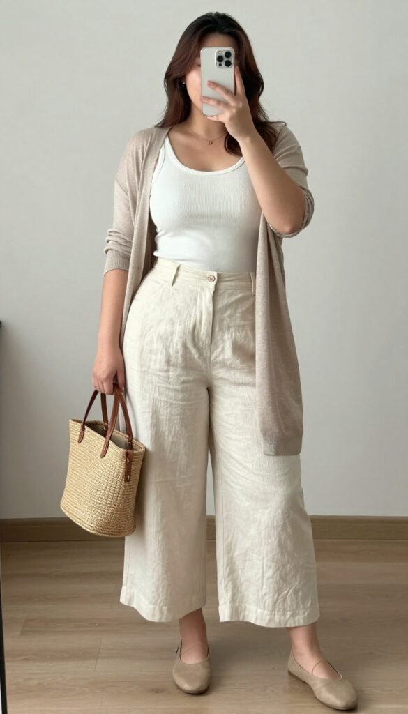 A woman in a cream cropped wide-leg pants and ivory fitted tank, with a taupe cardigan draped over her shoulders, standing in a bright office setting