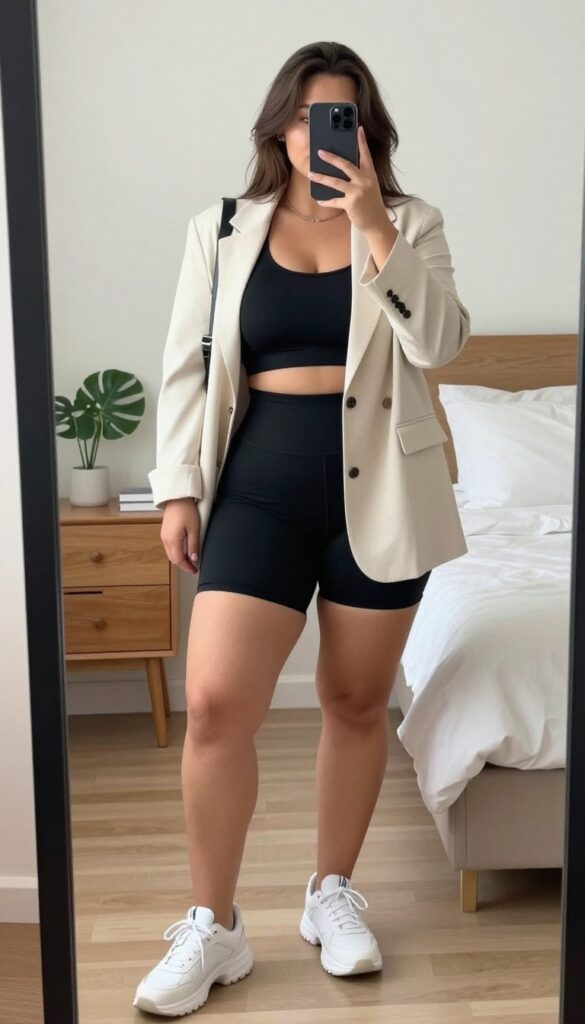 Woman in black bike shorts and cream oversized blazer with chunky sneakers and mini backpack, taking a mirror selfie in bedroom.