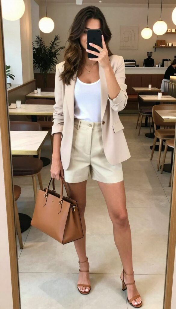 A woman in tailored shorts and a lightweight blazer takes a mirror selfie, showcasing a polished summer dinner outfit.