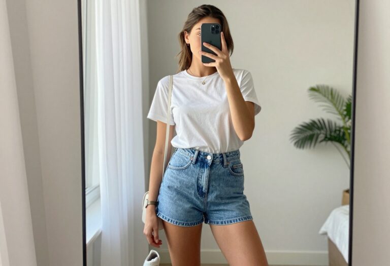 Woman in denim shorts and white tee taking a mirror selfie, phone partially covering her face, bright natural light, casual summer first date outfit.