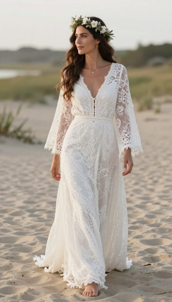 A young woman with long wavy hair wearing a bohemian white lace wedding dress with bell sleeves and a flower crown, standing barefoot on a sandy beach at sunset.