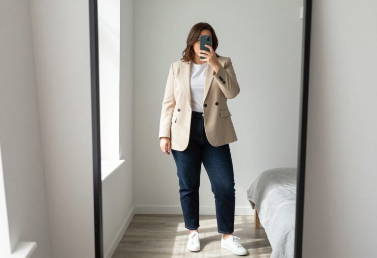 Woman in beige blazer and dark jeans taking a mirror selfie in a bright bedroom, business casual outfit inspiration.
