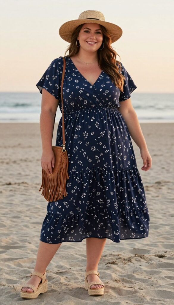 Plus-size woman in navy tiered maxi dress with woven sandals and straw hat on beach at sunset