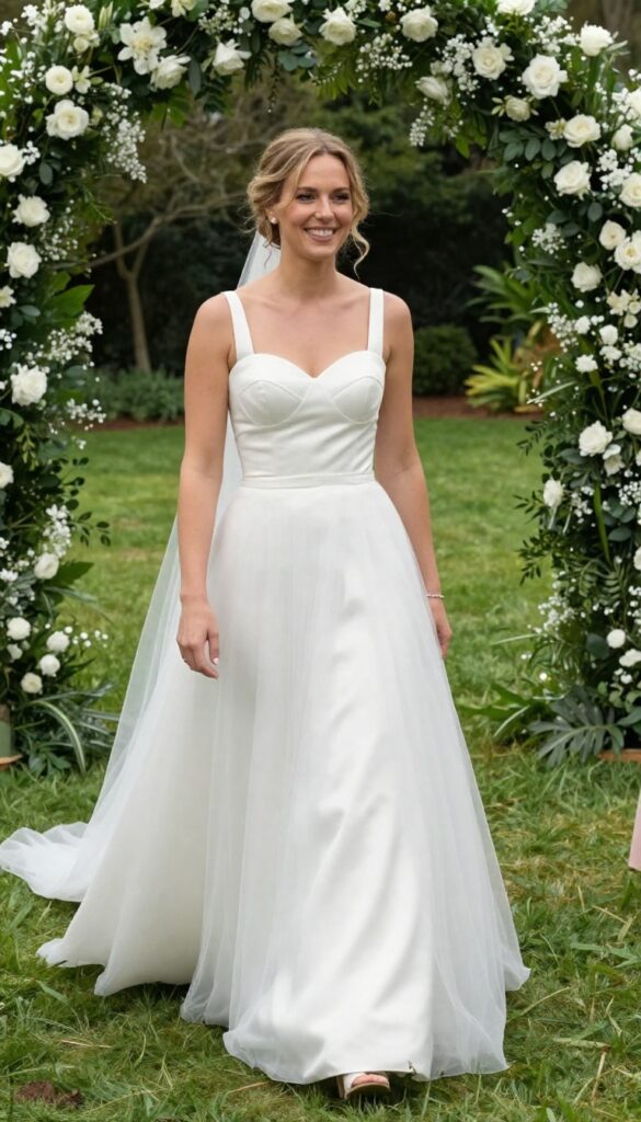 Bride in white ballgown with detachable tulle overskirt, standing in sunlit garden, bridesmaid unclipping overskirt, natural joyful expression.