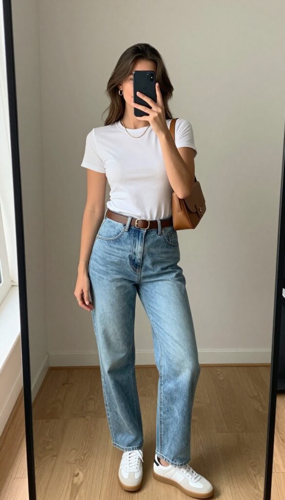 Woman in high-waisted mom jeans and fitted white tee, taking a mirror selfie with phone, styled with leather belt, gold jewelry, crossbody bag, and white sneakers in bright natural light.