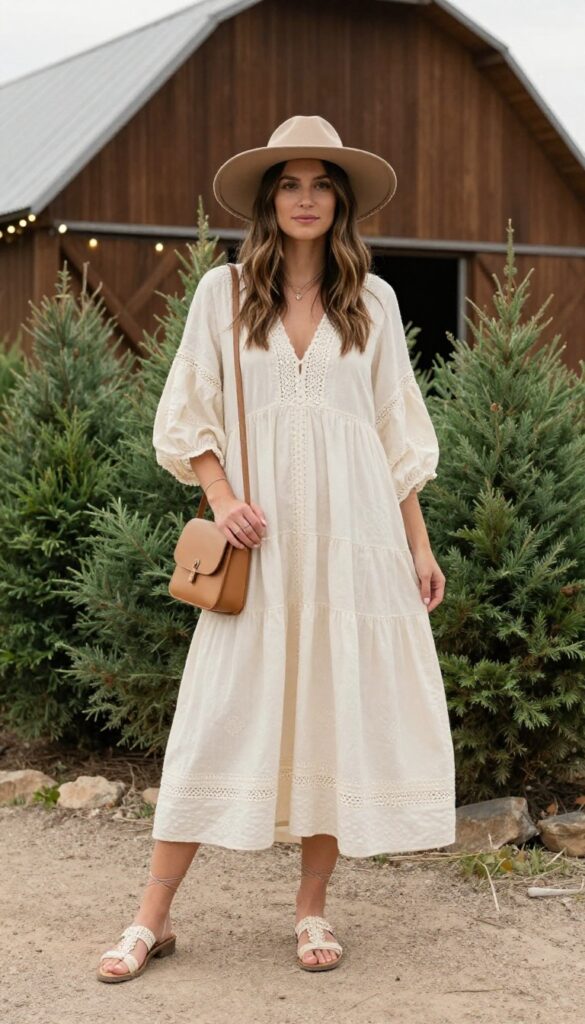 Young adult woman with long wavy brown hair wearing cream boho maxi dress with crochet trim and wide-brim taupe felt hat, standing in desert barn setting with wooden beams and string lights, lace-up flat sandals, small tan crossbody bag.