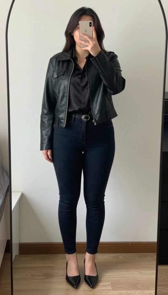A woman in a black leather jacket, silk blouse, and dark skinny jeans, wearing pointed flats, taking a mirror selfie in a bedroom.
