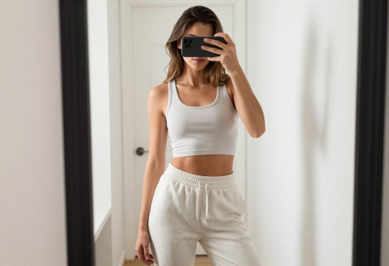 Woman in a cropped tank top and high-waisted summer sweatpants taking a mirror selfie, showcasing a balanced, casual outfit.