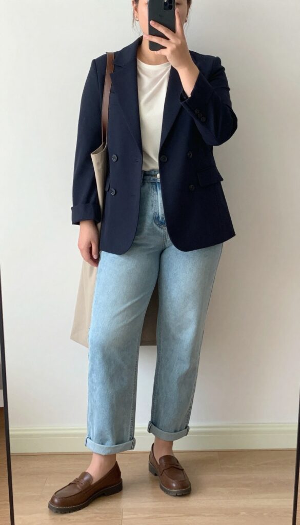 Woman in light wash jeans, navy blazer, and loafers, standing in front of a mirror taking a selfie, partially covering her face with a phone.