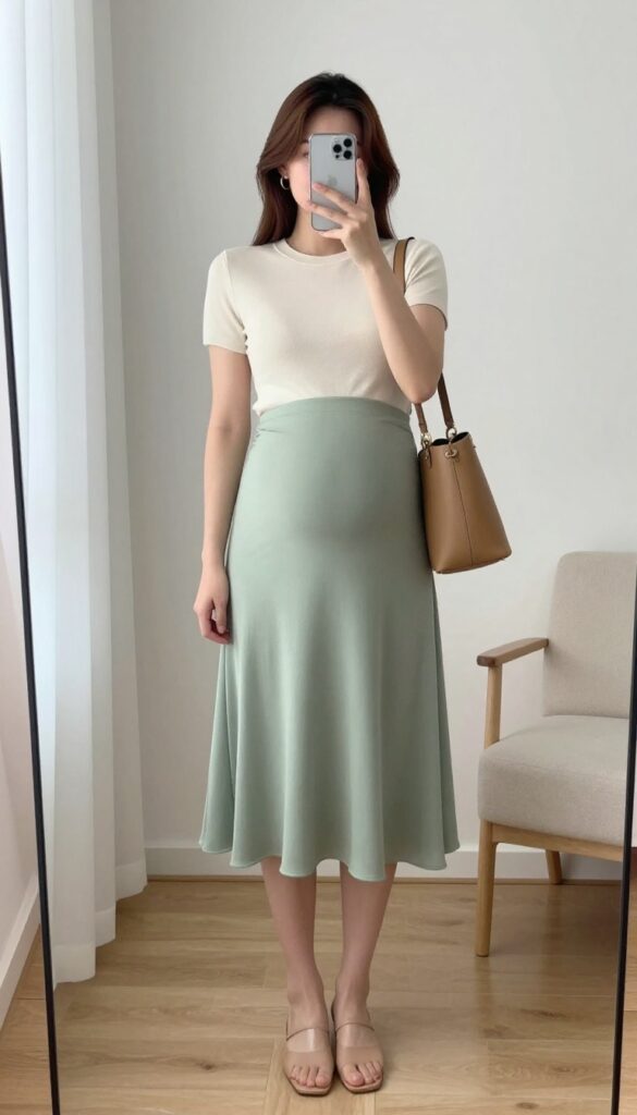 Pregnant woman in a fitted top and flowy midi skirt taking a mirror selfie for a baby shower outfit idea.