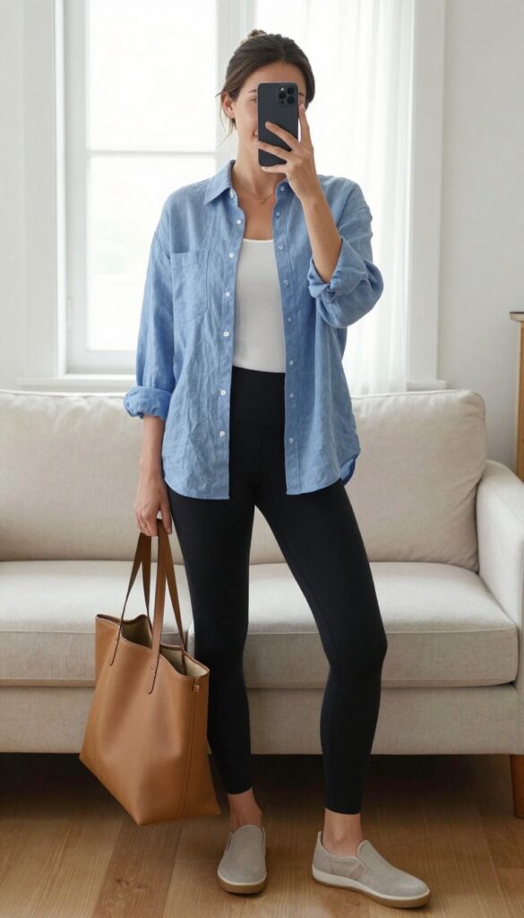 A nursing mother in an oversized button-down shirt and black leggings takes a mirror selfie, showcasing an effortless, comfortable outfit ideal for busy days.