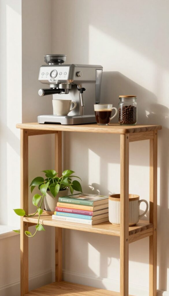 Low open bookcase styled as a kitchen coffee station with espresso machine, mugs, cookbooks, and trailing plant in natural light.