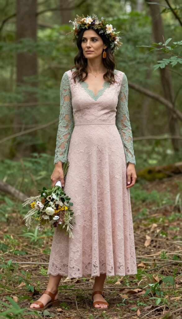 Woman in pink lace wedding dress with sage green long sleeves, floral crown, and bouquet in forest clearing